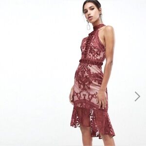 Total Decadence, Burgundy Nude Lining Cut Work High Neck Cap Sleeve Hi Low Hem